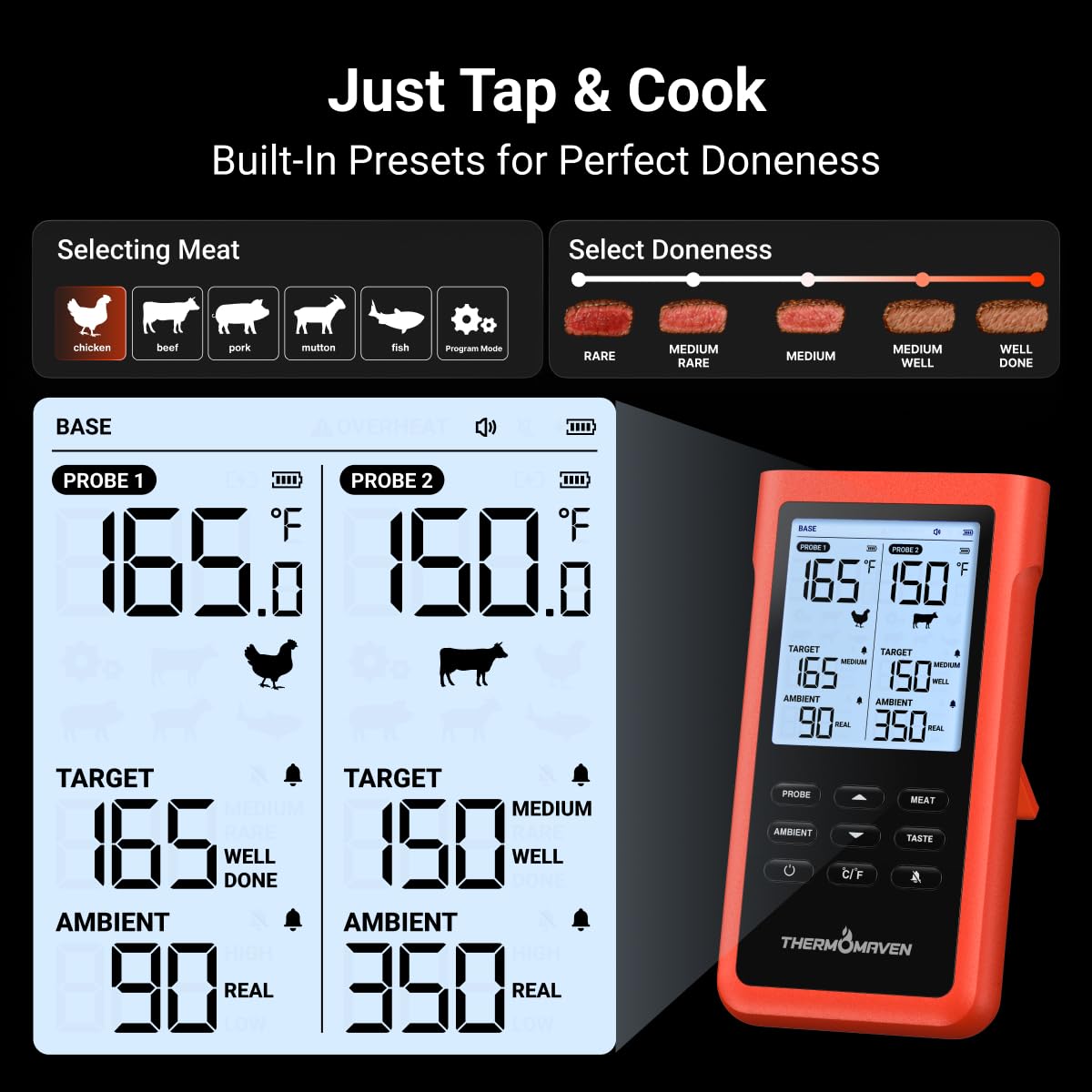 Termómetro inalámbrico para carne ThermoMaven de 3000 pies, no nece...