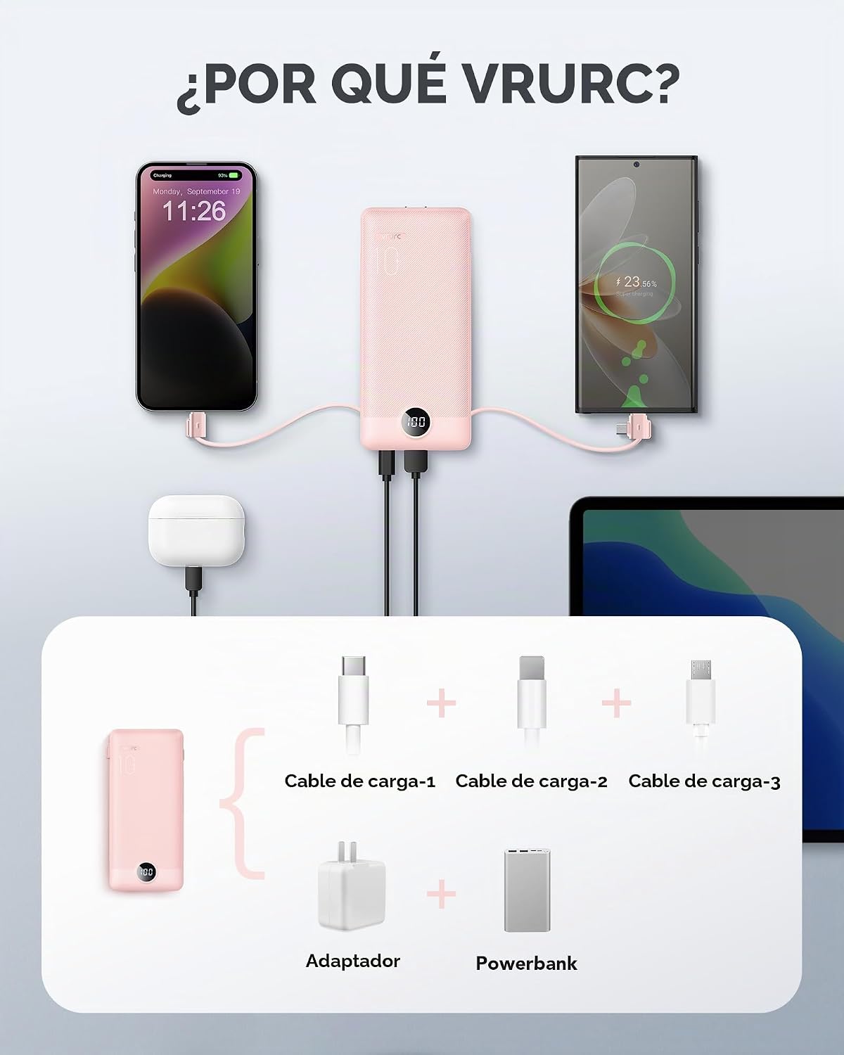 VRURC Cargador portátil, cables integrados en el banco de energía y...