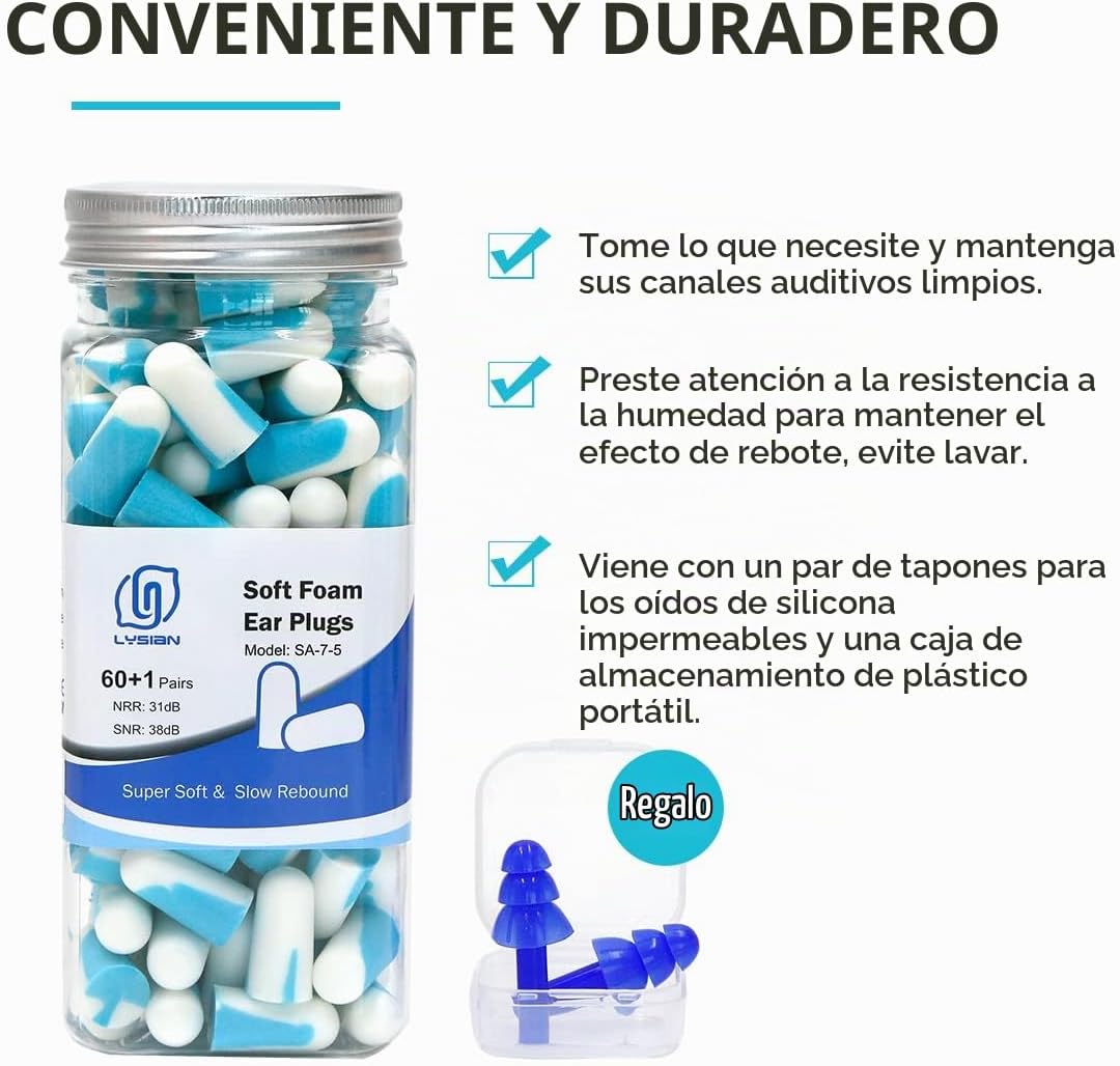 LYSIAN Tapones para los oídos de espuma suave para dormir, 60 pares...