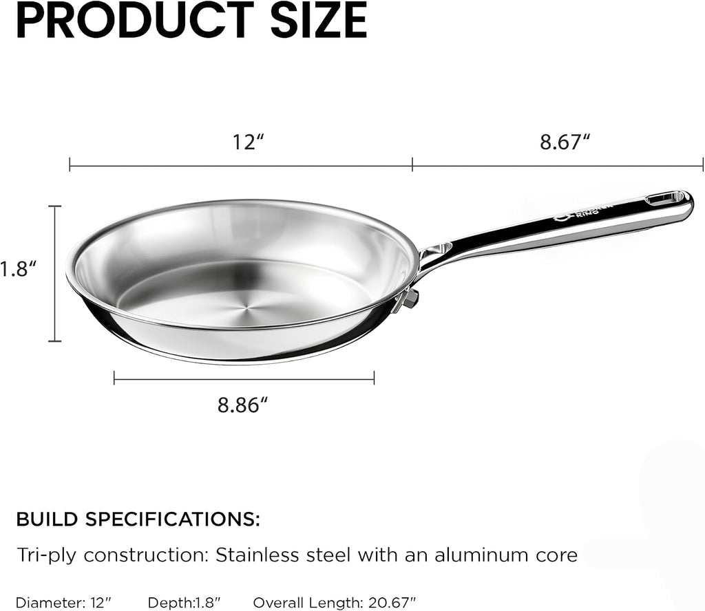 COOKER KING Sartén de acero inoxidable de 12 pulgadas, sartén grand...