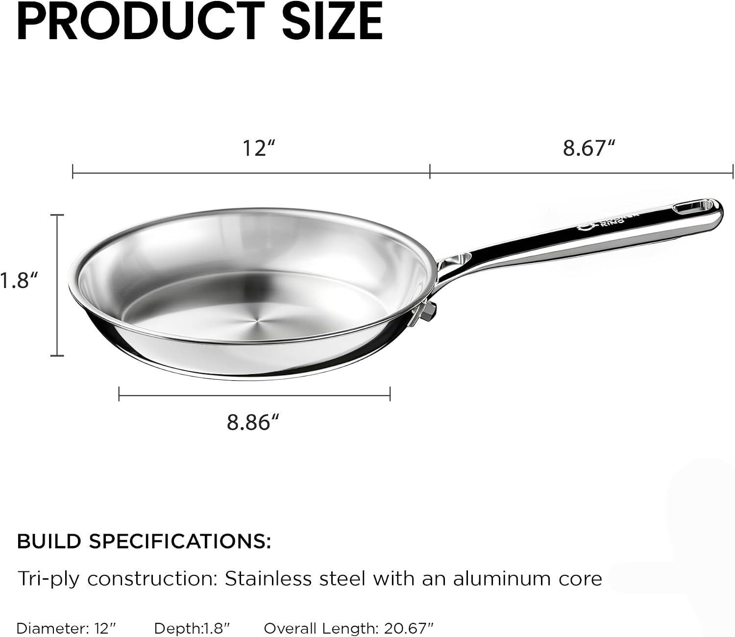 COOKER KING Sartén de acero inoxidable de 12 pulgadas, sartén grand...