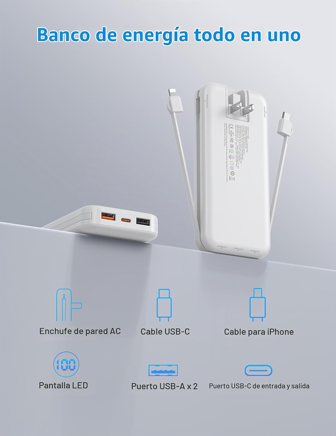 Ffnpua Cargador portátil Power Bank 10000mAh PD20W con cables incor...