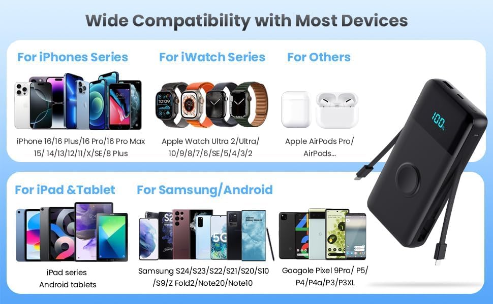 AONIMI Cargador portátil de 40800 mAh con 2 cables integrados, 25 W...