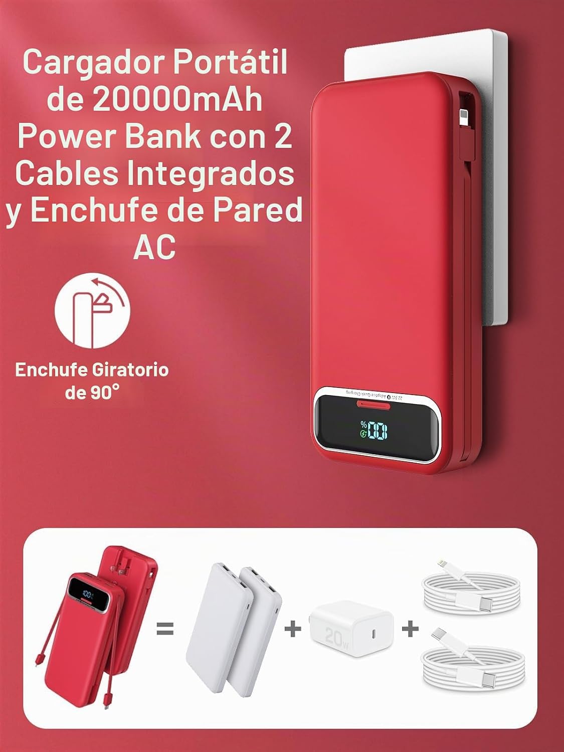 Nusyddy Cargador portátil 20000mAh de carga rápida w\/incorporado e...