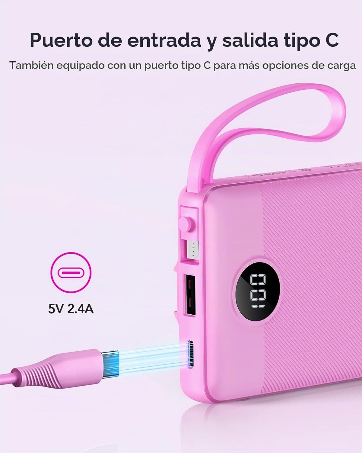 VRURC Cargador portátil, banco delgado de energía incorporado 4 cab...