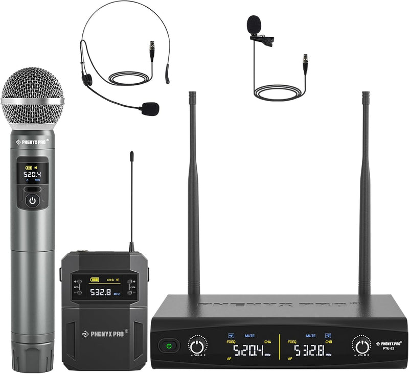 Phenyx Pro Dual UHF Tunable Freq Sistema de micrófono inalámbrico P...
