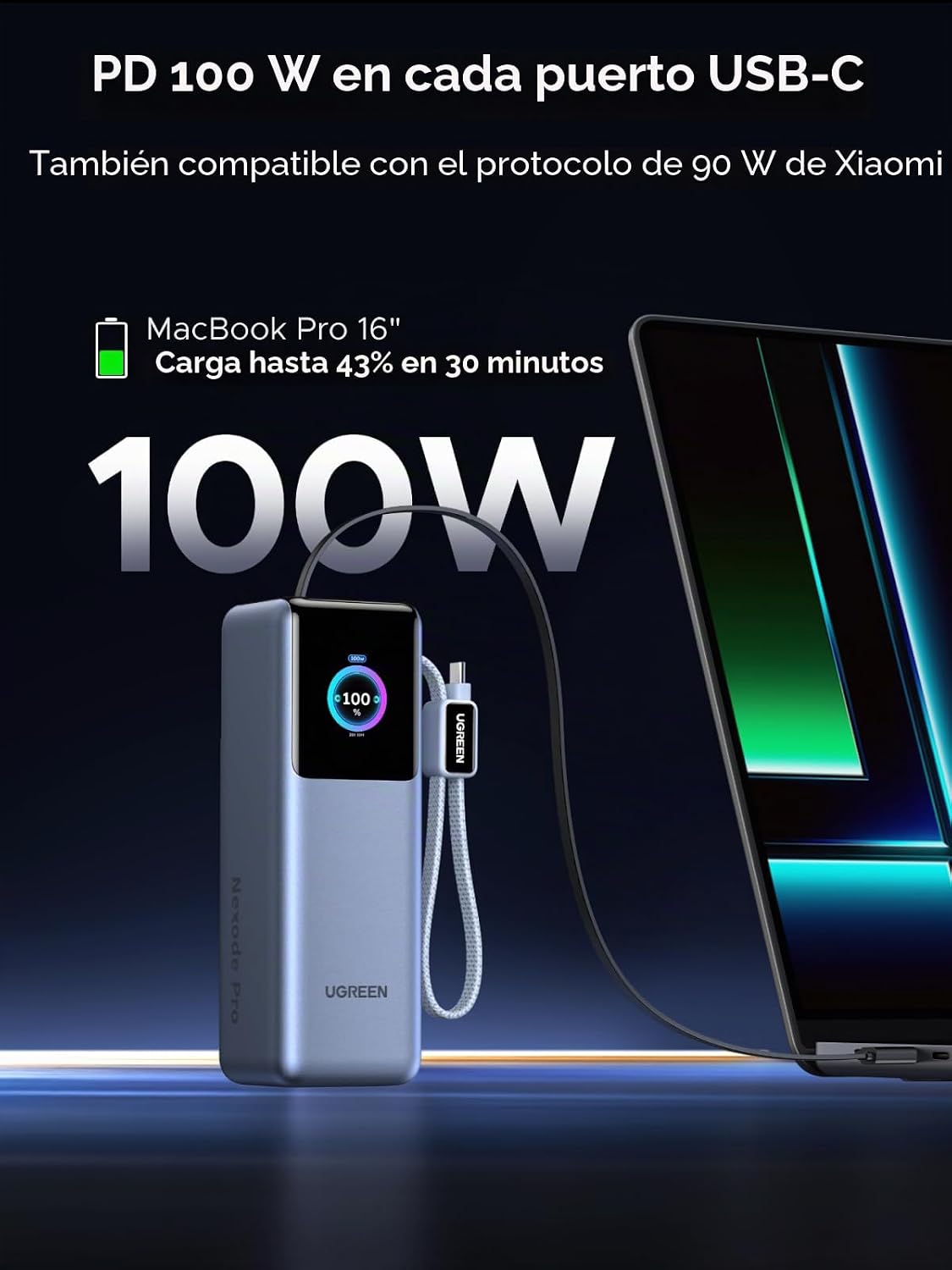 UGREEN Nexode Pro 25000mAh 200W Laptop Power Bank con cables retrác...