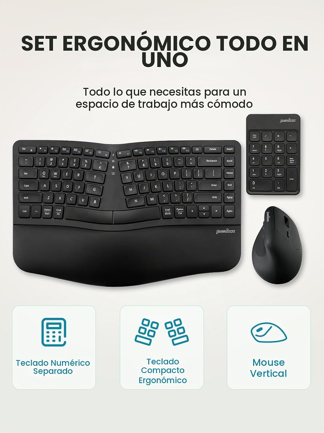Perixx PERIDUO-606IIA Teclado ergonómico compacto inalámbrico 3 en...