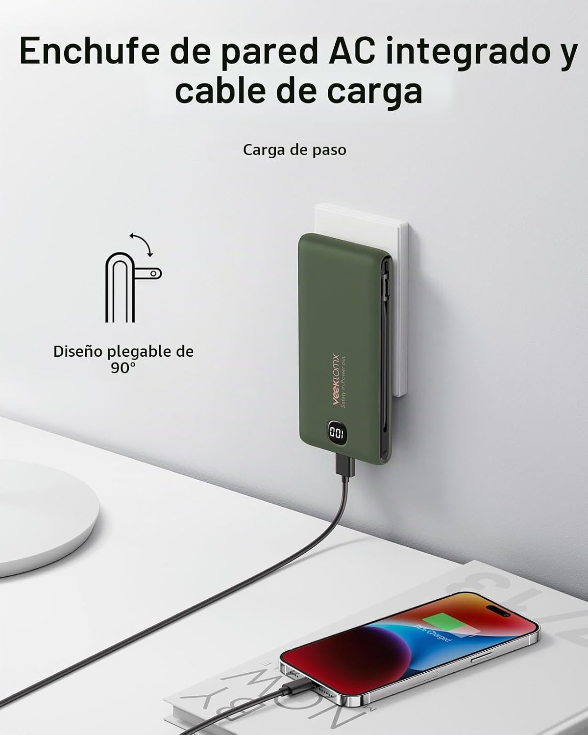 Cargador portátil VEEKTOMX de 10000 mAh con cables integrados y enc...