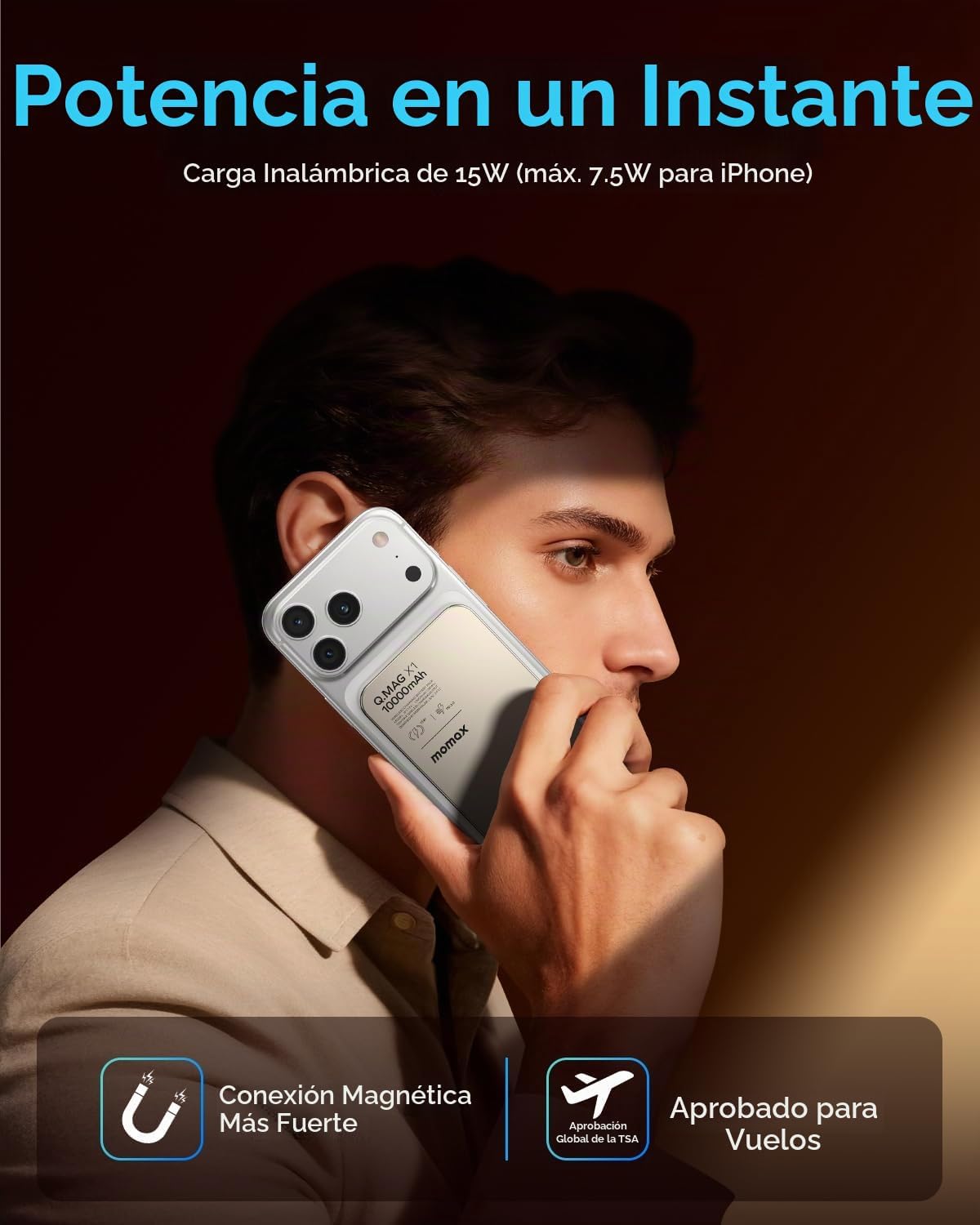 MOMAX Banco inalámbrico magnético del poder, 10000mAh delgado 0,5&#...
