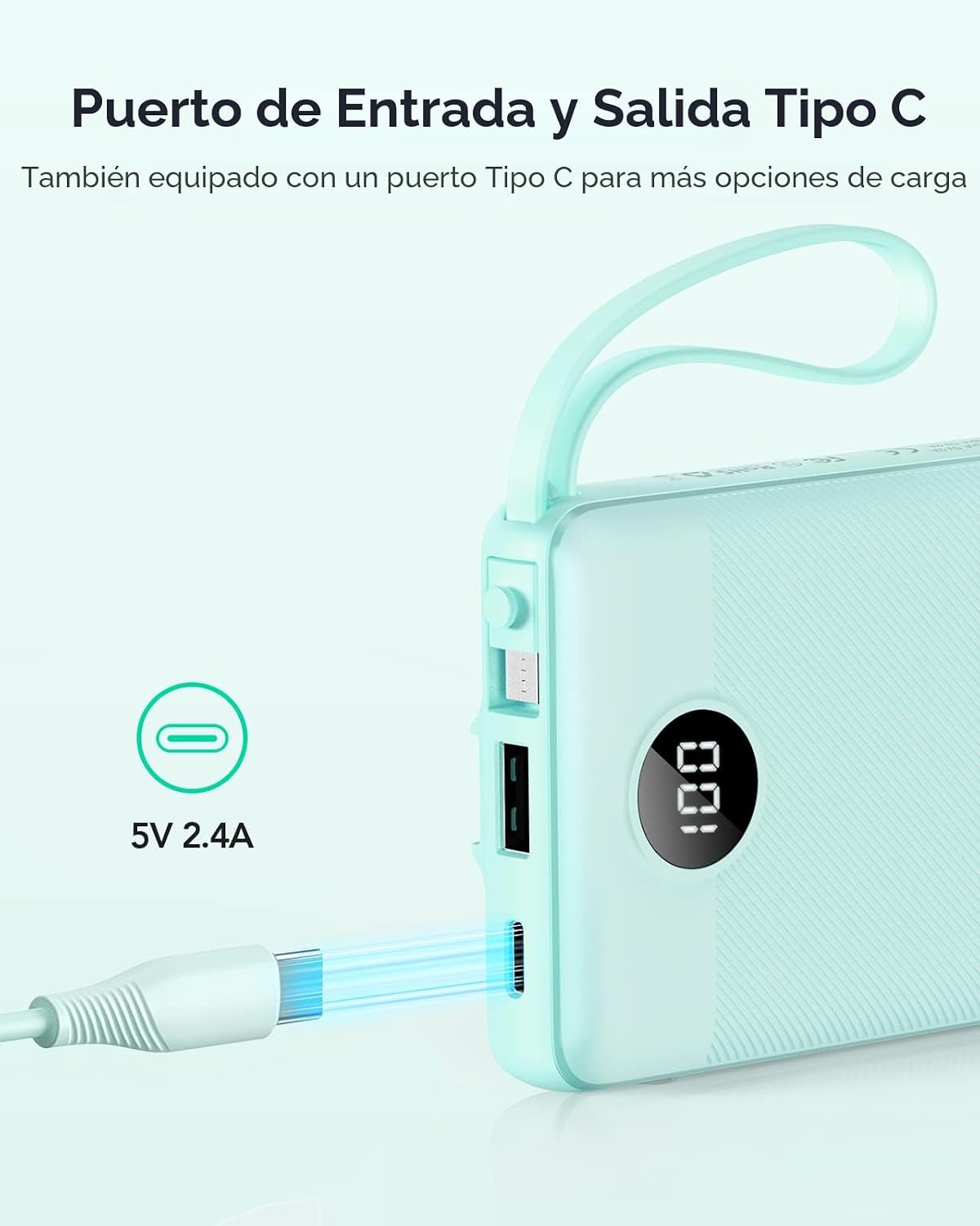 VRURC Cargador portátil, banco delgado de energía incorporado 4 cab...