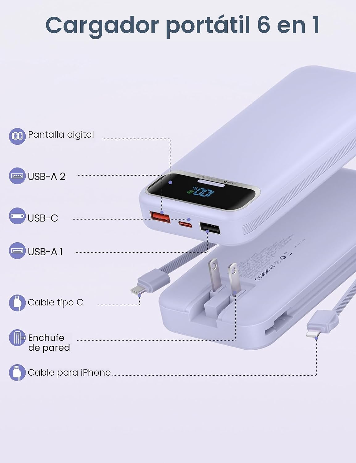 aonidi - Cargador portátil de 12000 mAh con cables integrados y enc...