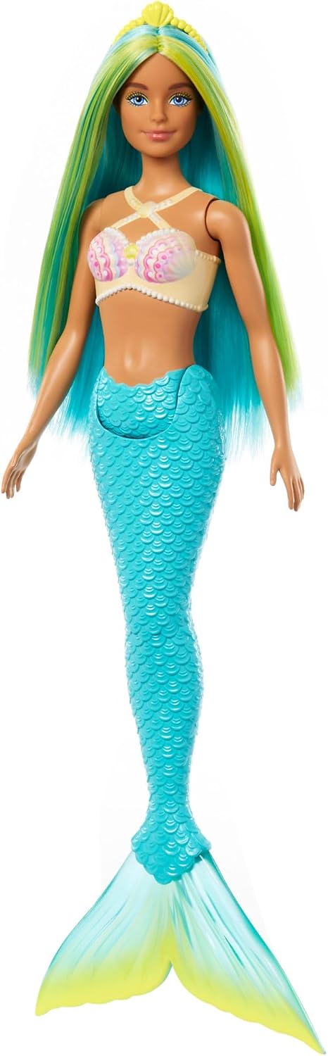 Muñeca Barbie Sirena con pelo de fantasía bicolor azul y amarillo |...