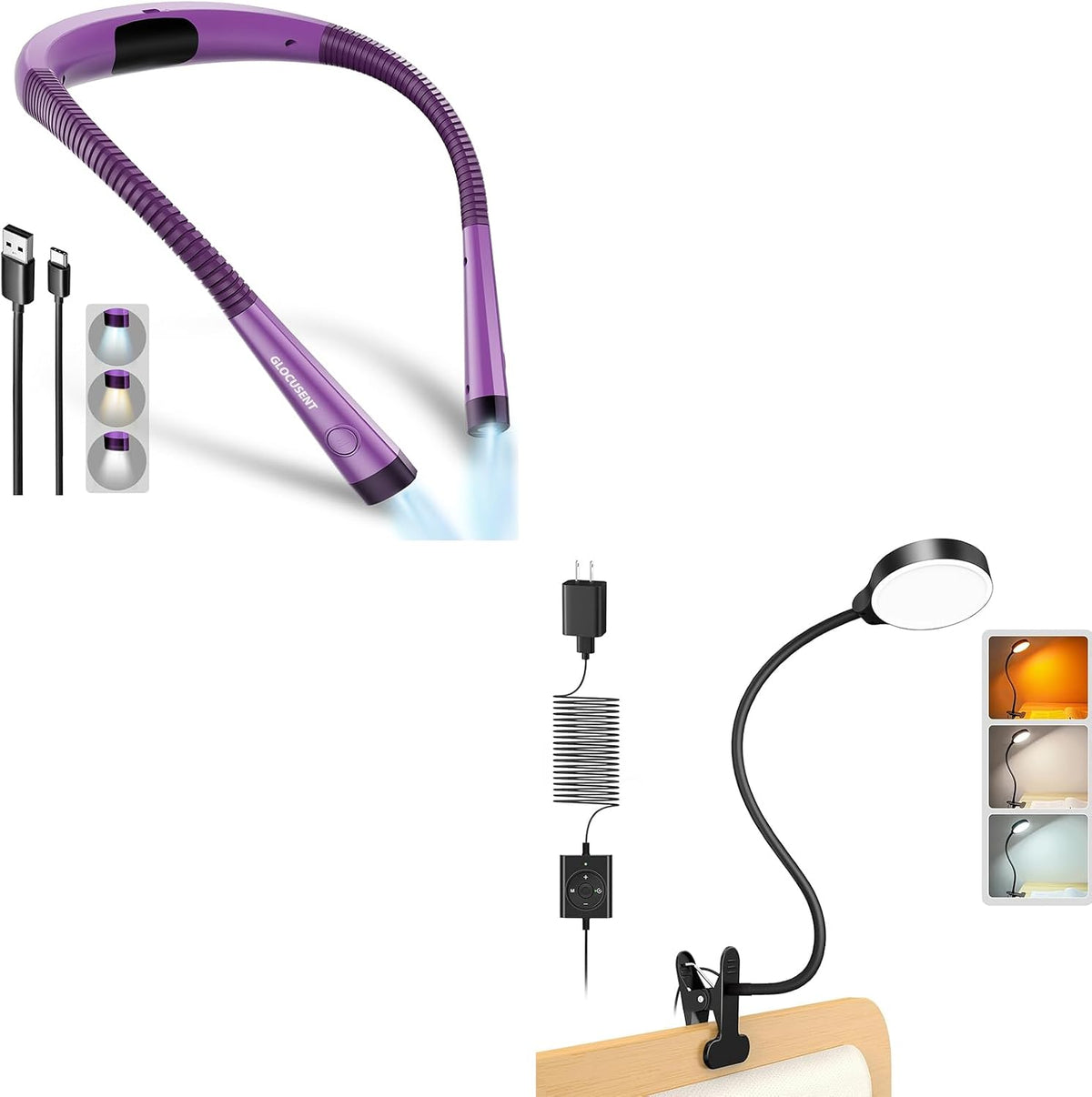 Luz de lectura Glocusent, luz LED para el cuello, luz con clip de 5W