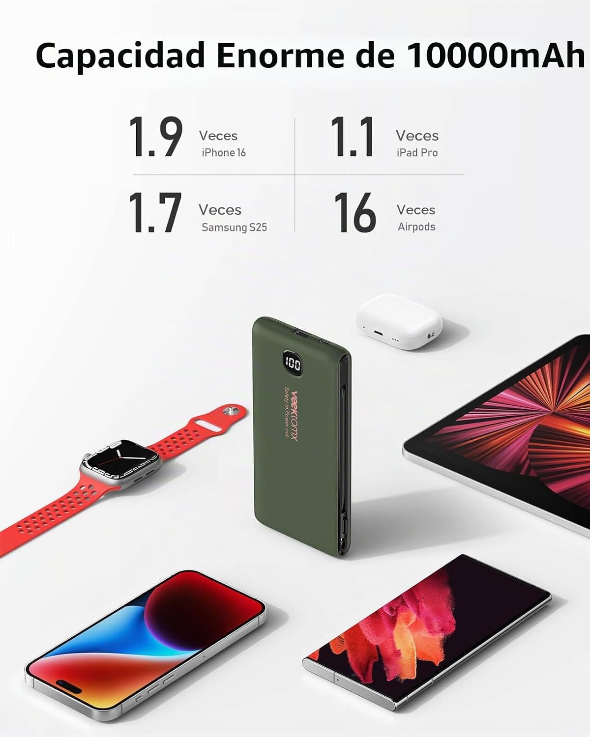 Cargador portátil VEEKTOMX de 10000 mAh con cables integrados y enc...