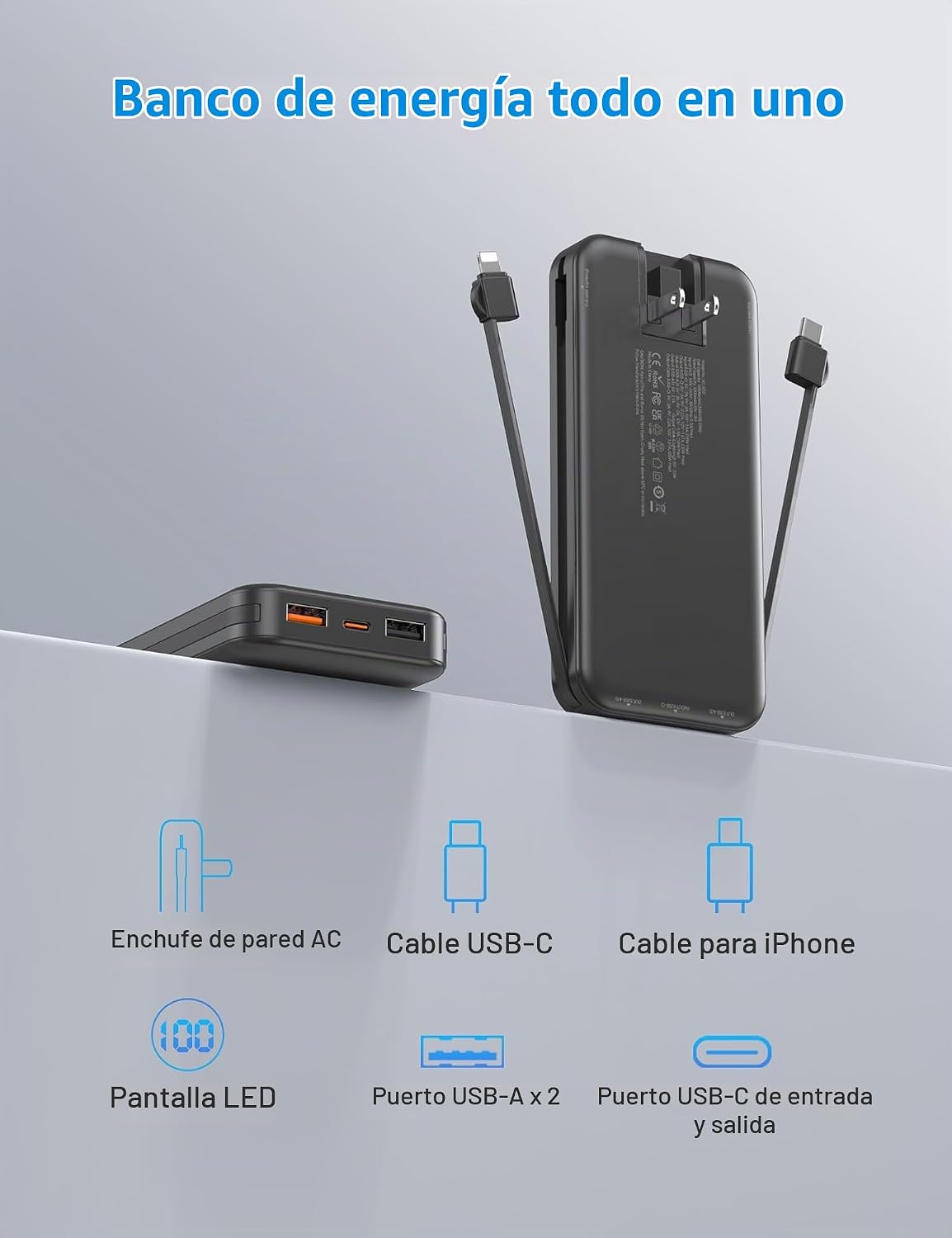 Ffnpua Cargador portátil Power Bank 10000mAh PD20W con cables incor...