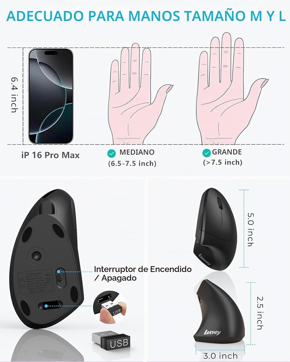 Lekvey Ratón ergonómico, ratón inalámbrico vertical USB recargable...