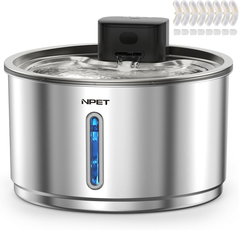 NPET Fuente de agua inalámbrica para gatos de acero inoxidable con...