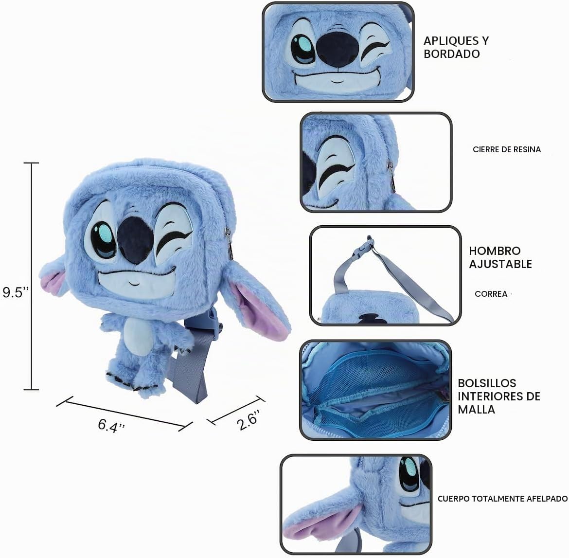 Stitch 9.5" Festie Bestie - Bolso cruzado de felpa