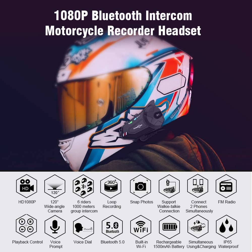 FreedConn R1plus - Casco de motocicleta con Bluetooth e intercomuni...