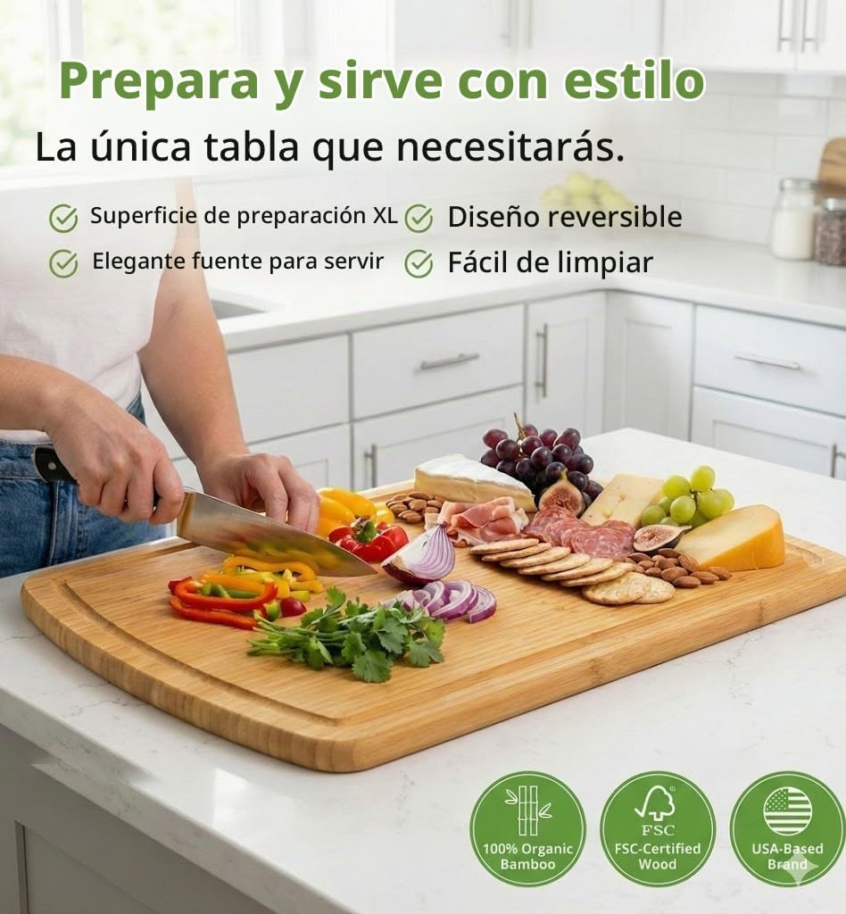 GREENER CHEF Tabla de cortar de bambú extragrande de 18 pulgadas co...