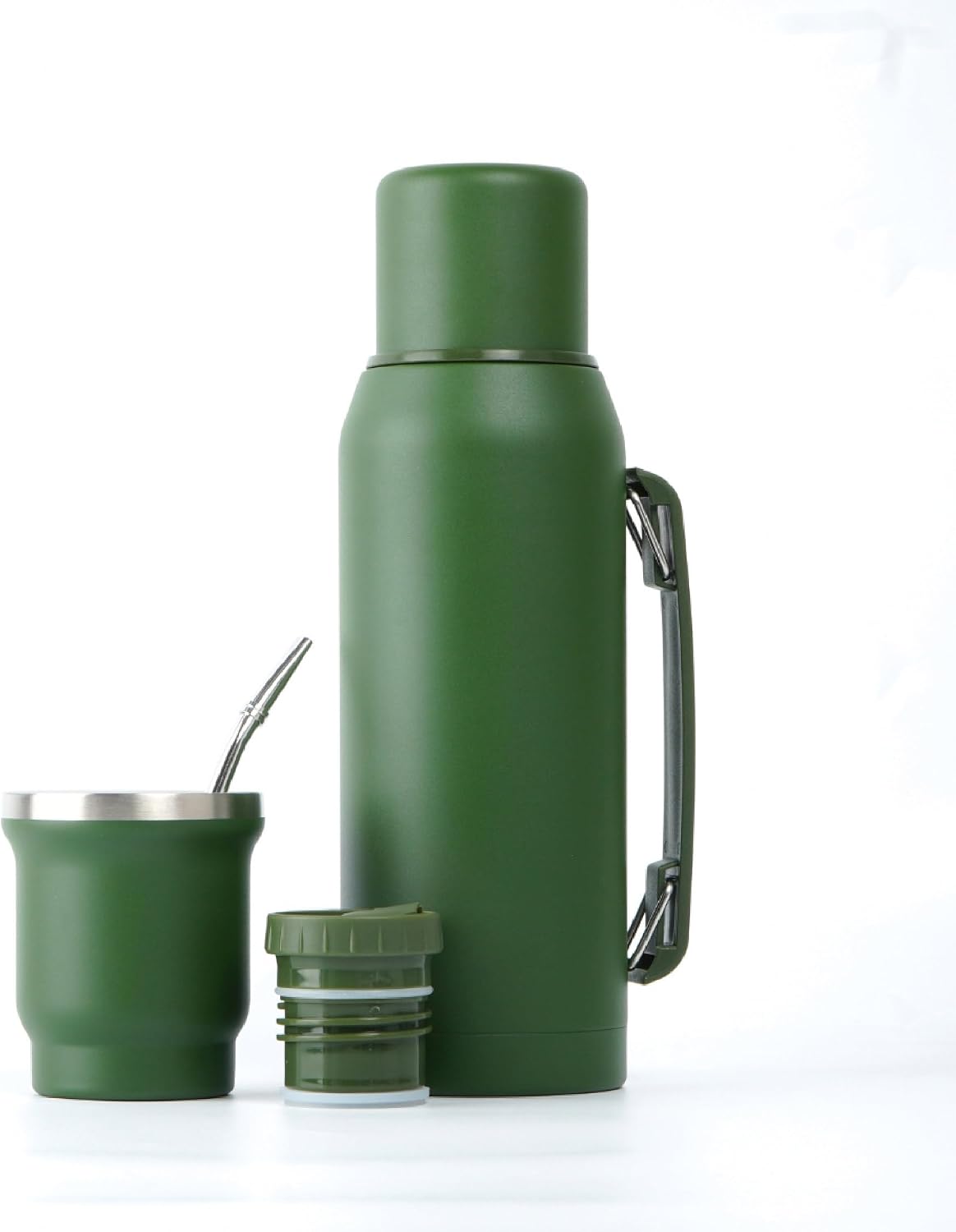 BALIBETOV Juego completo de yerba mate – Mate gourd moderno (270 ml), Botella térmica con 2 asas (1 litro), 2 pajitas Bombilla – Kit de calidad premium. (Verde)