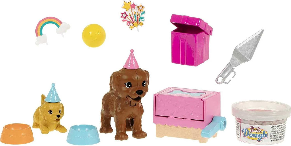 Muñeca y set de juego Barbie Puppy Party, muñeca rubia con vestido...