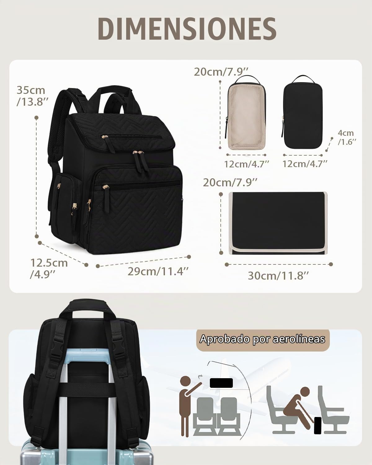 KABAQOO Mochila para pañales con cambiador y bolsillos aislados, Ne...