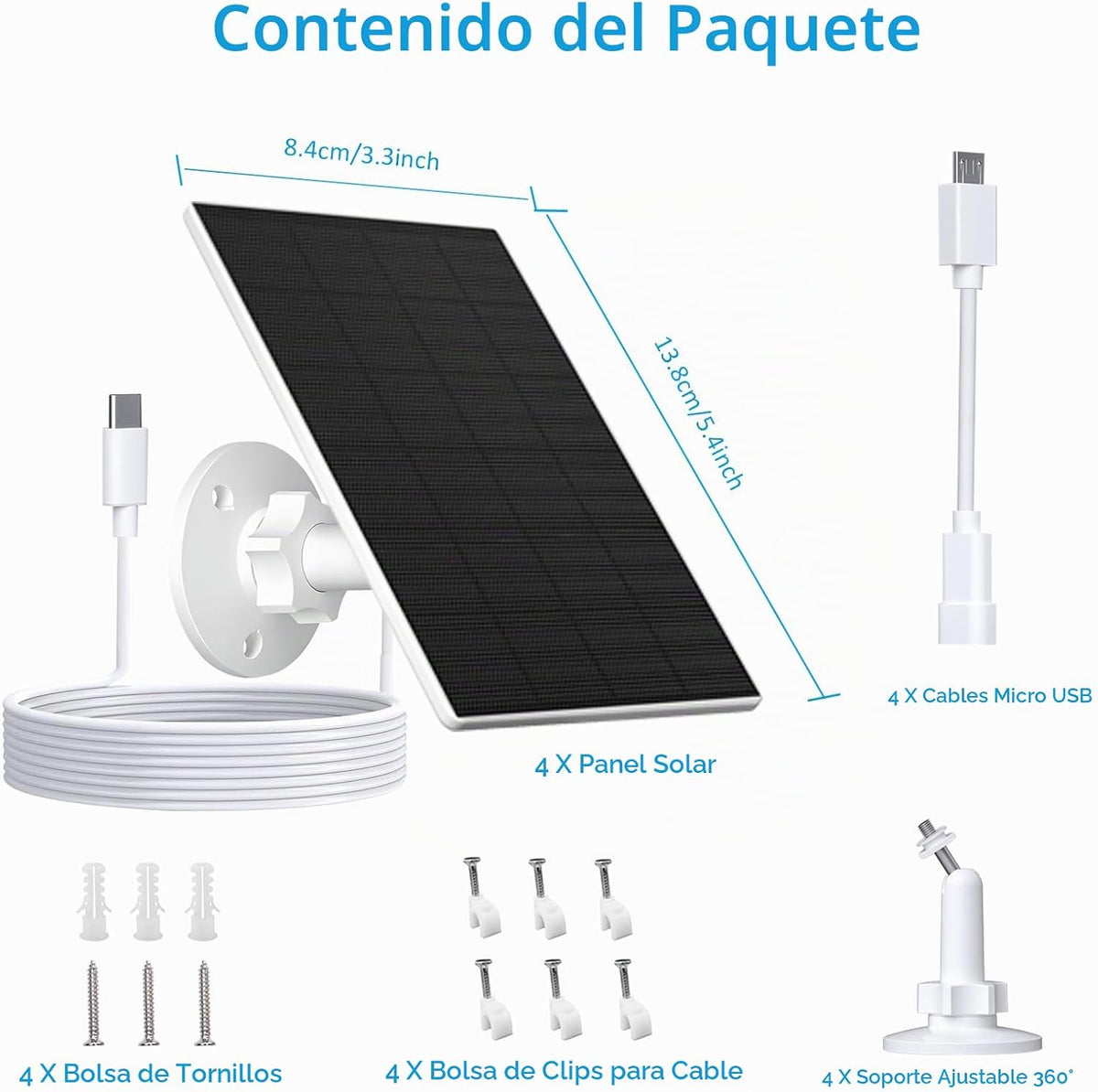 VUEBEE Panel Solar de 2W para Cámaras de Seguridad, USB-C\/Micro US...