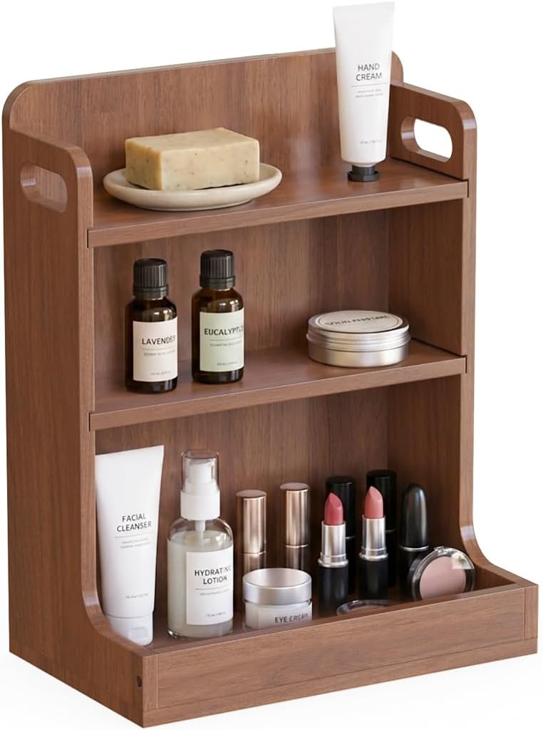 Estante de tocador para encimera organizador de baño de madera maci...