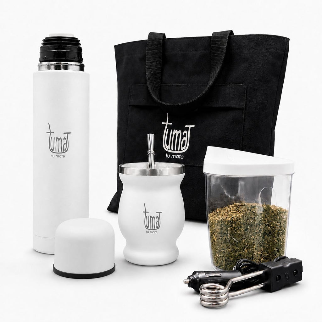 Kit completo de yerba mate, incluye taza mate, pajita (Bombilla), termo de 750ml (25.4 fl oz), bolsa y dos regalos (contenedor de yerbero y calentador de inmersión para automóvil), juego de yerba mate