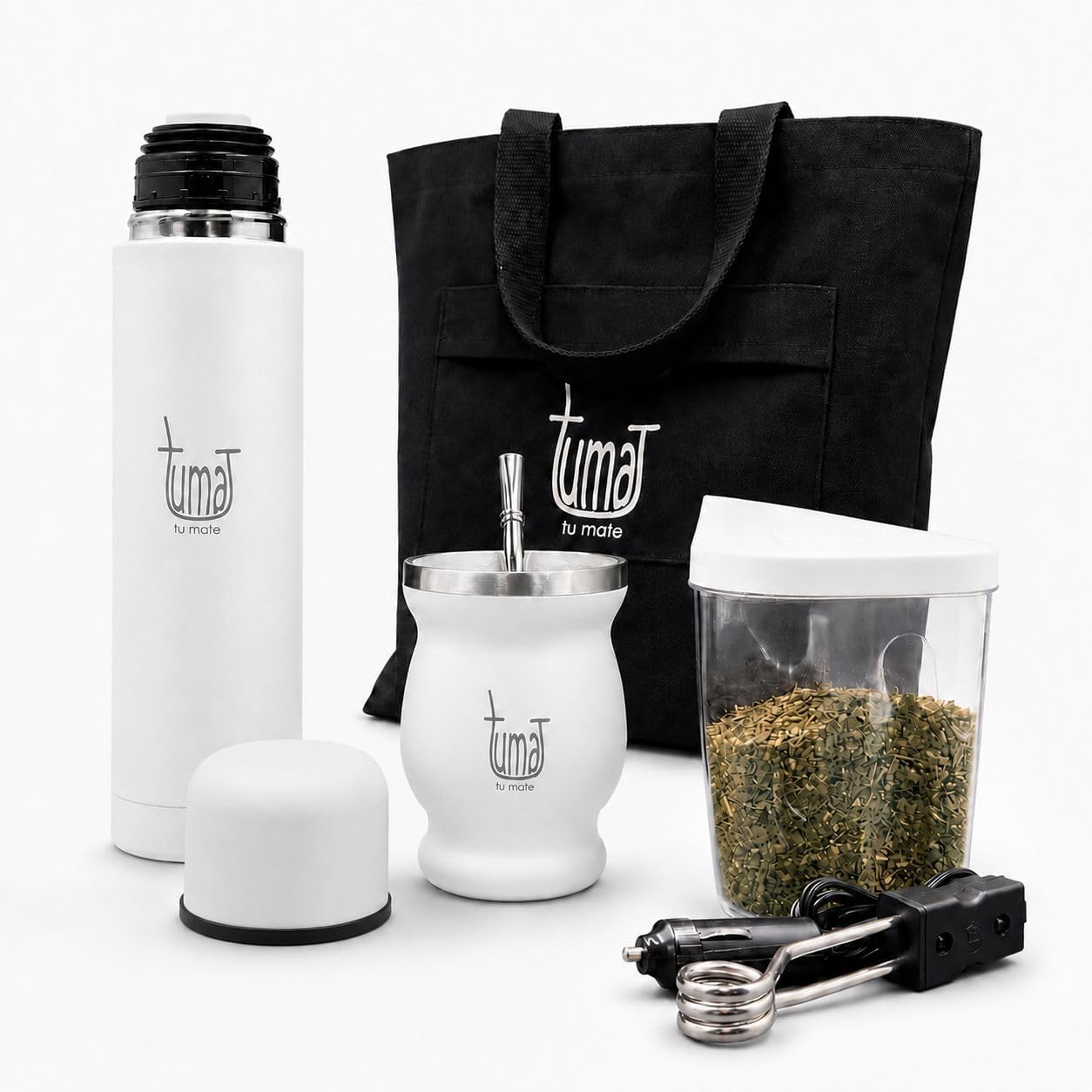 Kit completo de yerba mate, incluye taza mate, pajita (Bombilla), termo de 750ml (25.4 fl oz), bolsa y dos regalos (contenedor de yerbero y calentador de inmersión para automóvil), juego de yerba mate