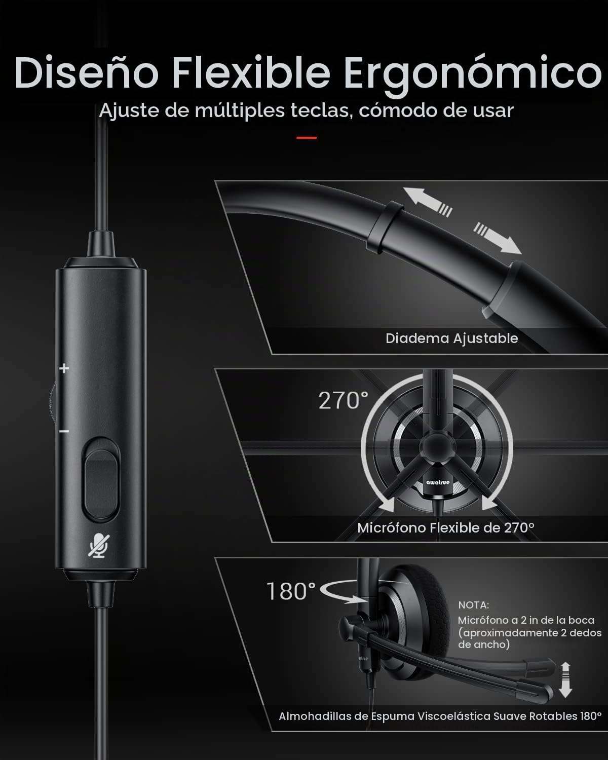awatrue - Auriculares con cable con micrófono para PC y portátil -...