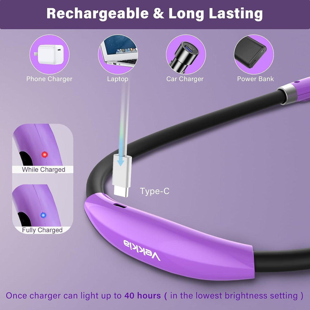Vekkia - Luz LED recargable para leer en la cama | 3 niveles de bri...