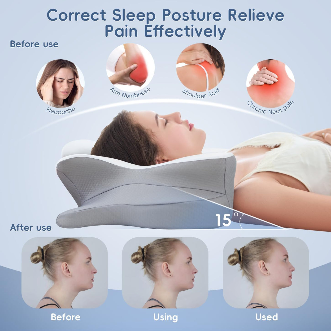 Almohada de espuma viscoelástica, almohada cervical de 2 alturas pa...