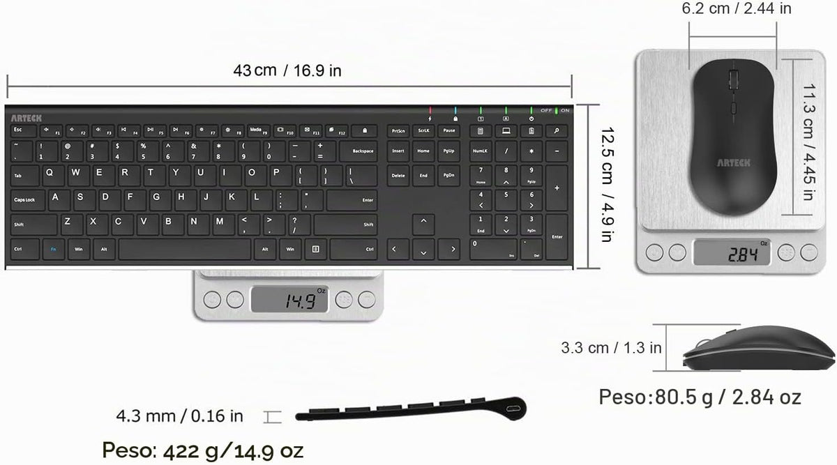 Arteck Combo de teclado y mouse inalámbricos 2.4G de acero inoxidab...