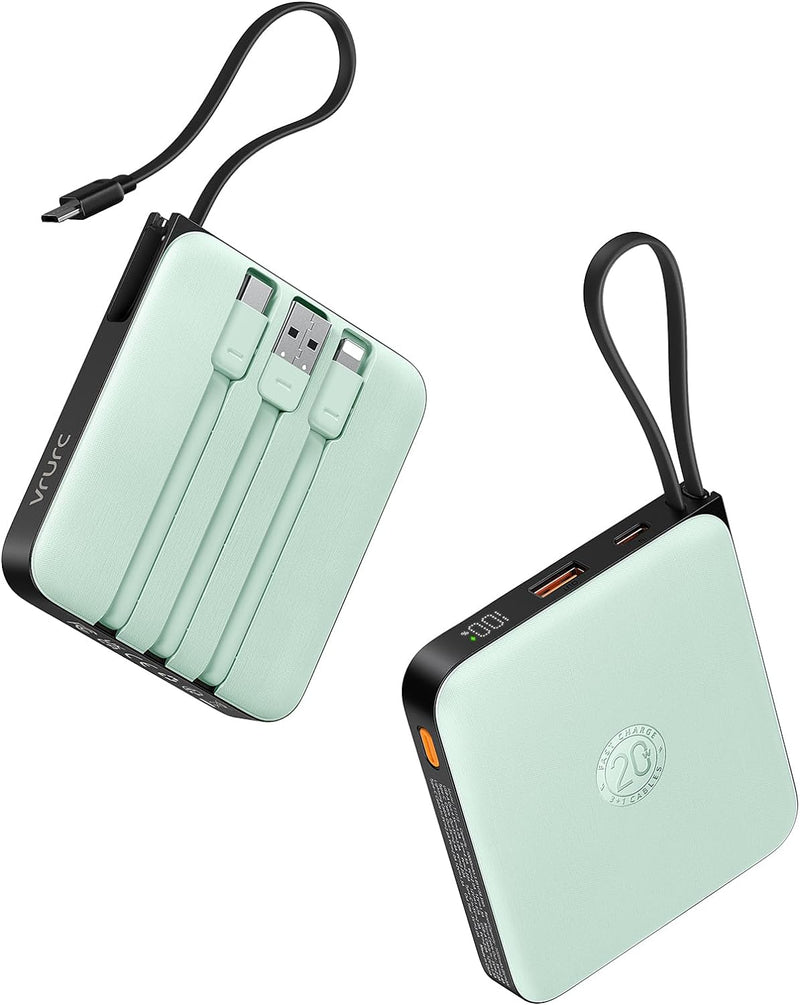 VRURC Cargador portátil con cable incorporado, batería USB C de car...