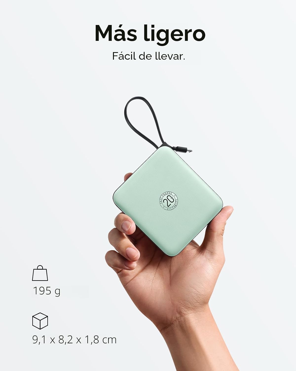 VRURC Cargador portátil con cable incorporado, batería USB C de car...