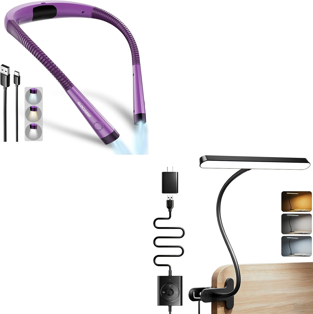 Glocusent Luz de lectura, luz de cuello LED 7W clip en luz, 57 LED...