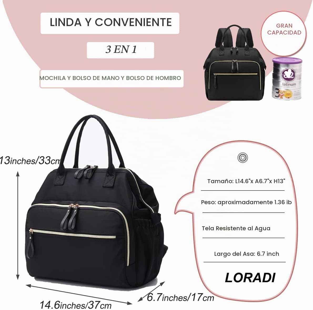 LORADI Bolsa de pañales convertible, mochila de pañales de 14 bolsi...