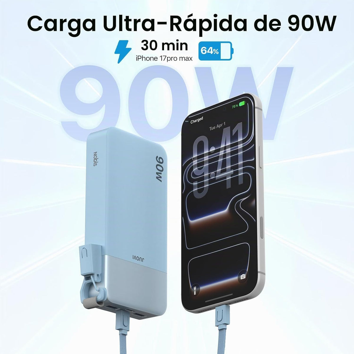 Cargador portátil NOBIS 20000mAh 90W Power Bank con cable desmontab...