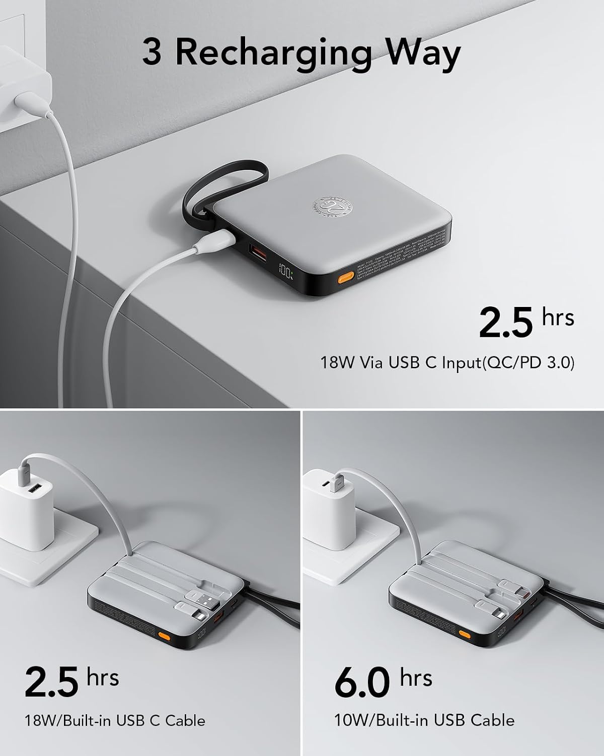 Cargador portátil VRURC con cables incorporados, carga rápida de 10...