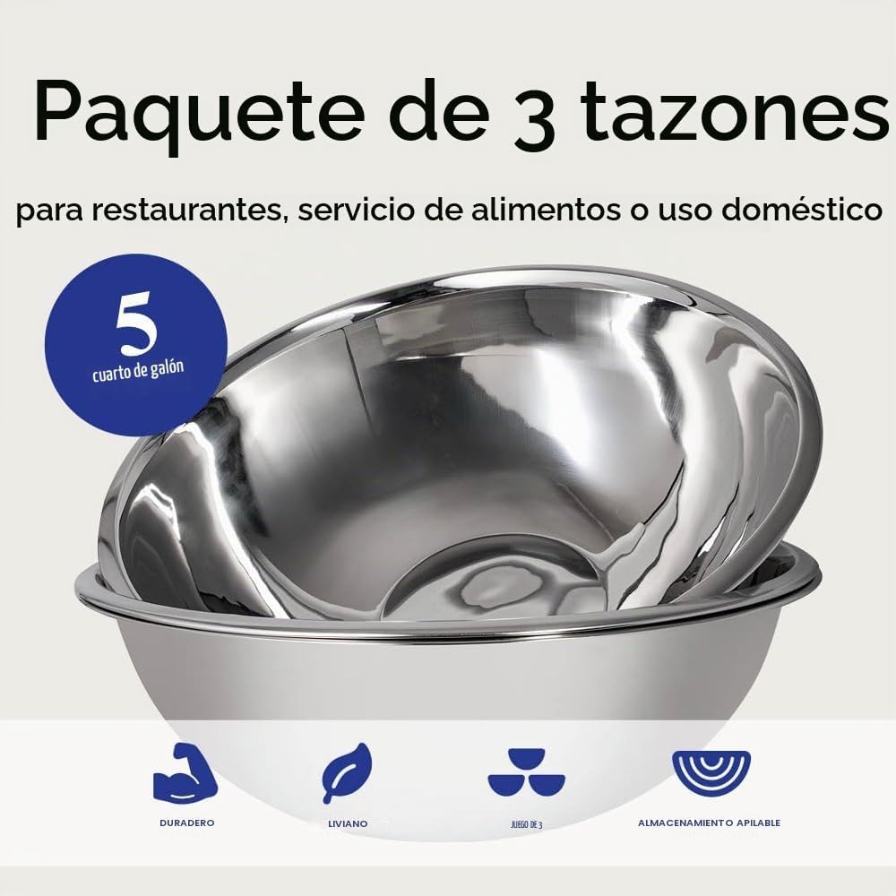 Juego de cuencos grandes de acero inoxidable de 5 cuartos de galón,...
