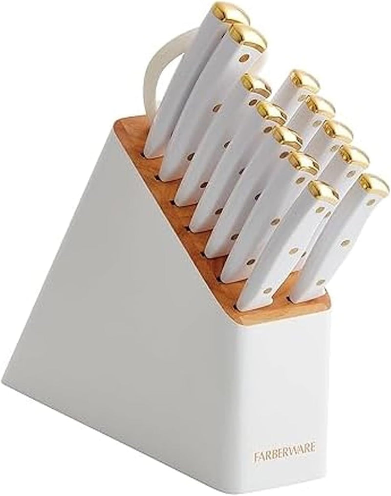 Juego de 14 piezas de bloque de cuchillos Farberware, blanco y dora...