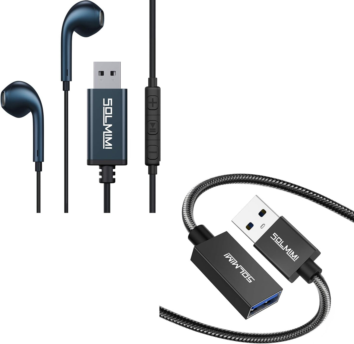 SOLMIMI Auriculares USB con micrófono + cable de extensión USB, aur...
