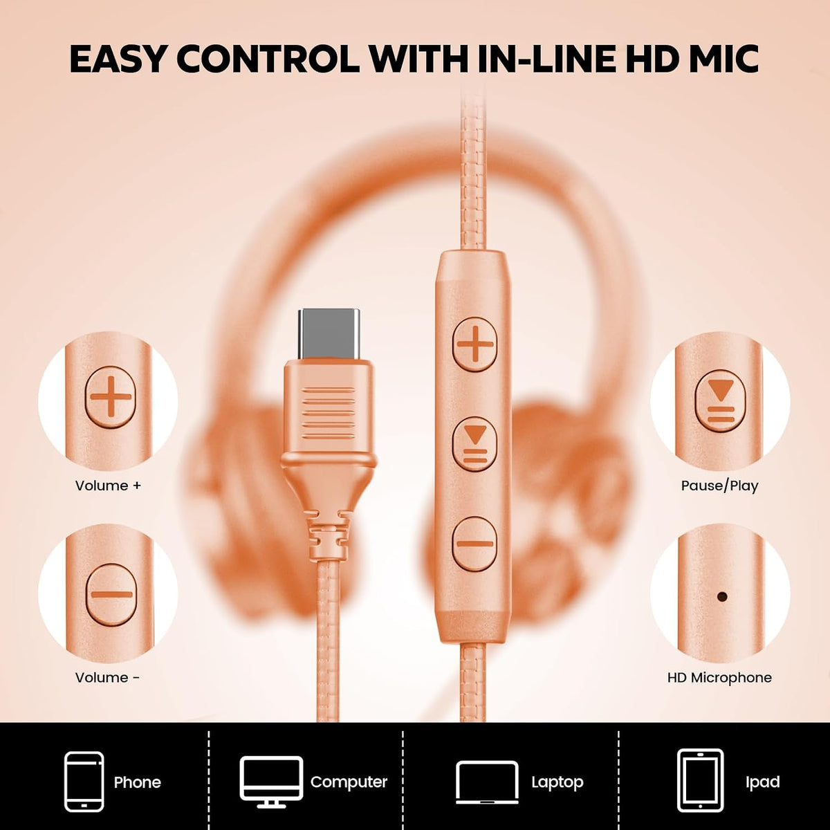 Cowyawn Auriculares USB C con cable, auriculares USB C con cable co...