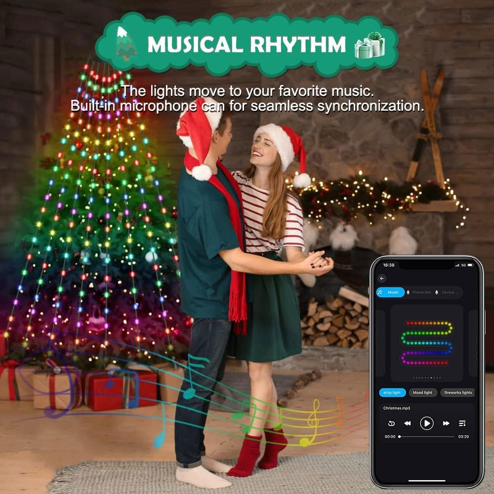 Cadena de luces para árbol de Navidad con anillo, control remoto in...