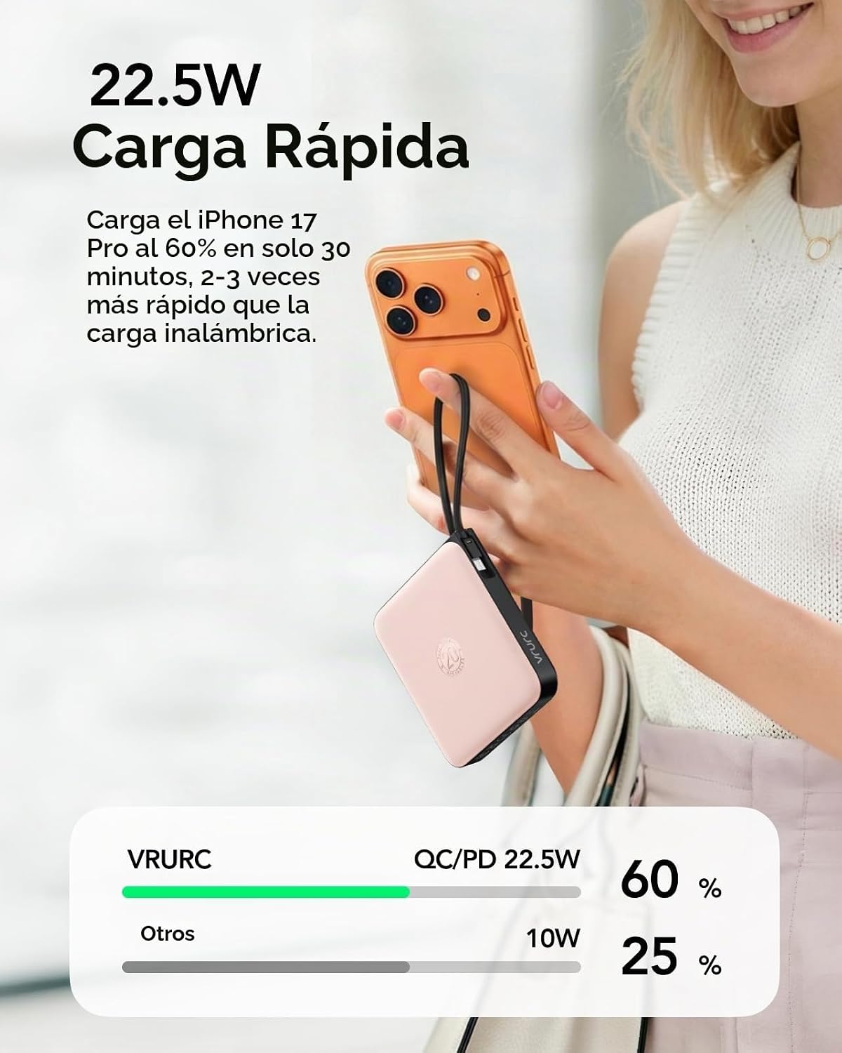 VRURC Cargador portátil para iPhone cables incorporados, banco de e...