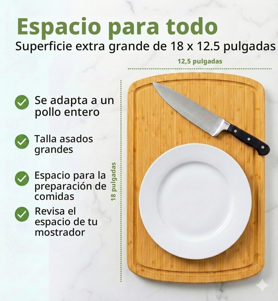 GREENER CHEF Tabla de cortar de bambú extragrande de 18 pulgadas co...
