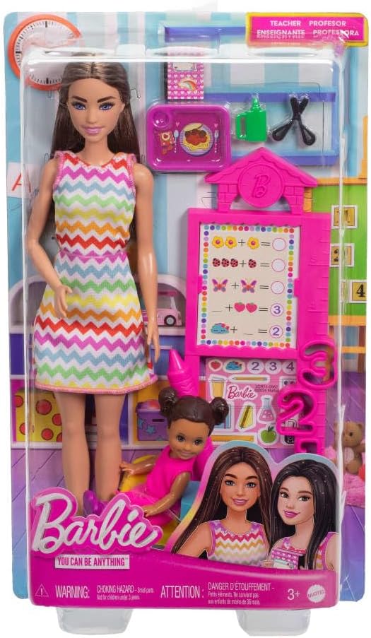 Barbie Maestra con muñeca morena a la moda con vestido estampado, 1...